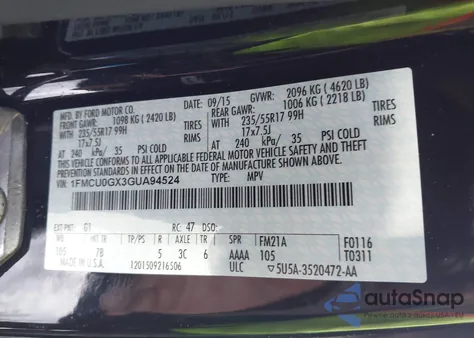 2016 Ford Escape Se z USA, uszkodzony, nr VIN 1FMCU0GX3GUA94524